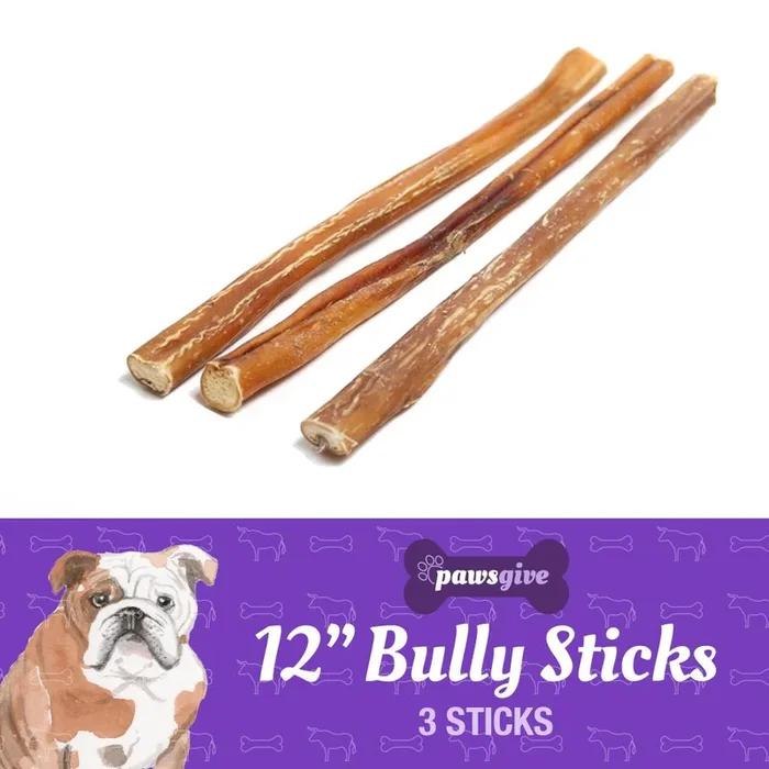 PawsGive 12″ Bully Sticks for Dogs from Grass Fed Free Range Cattle