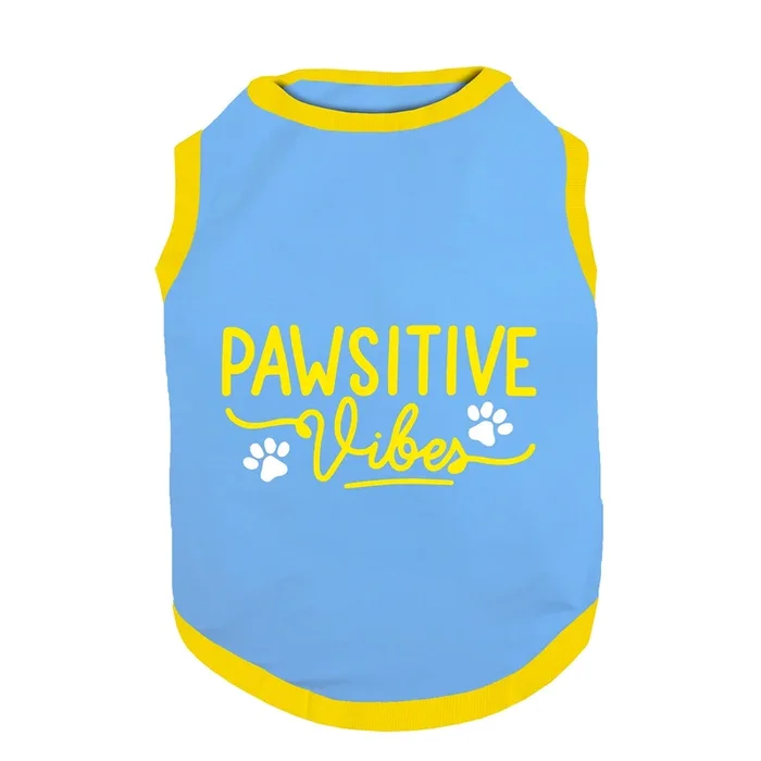 PawsIndia Pawsitive Vibes Printed with Ribbed Sleeves TShirt for Cats (Blue)
