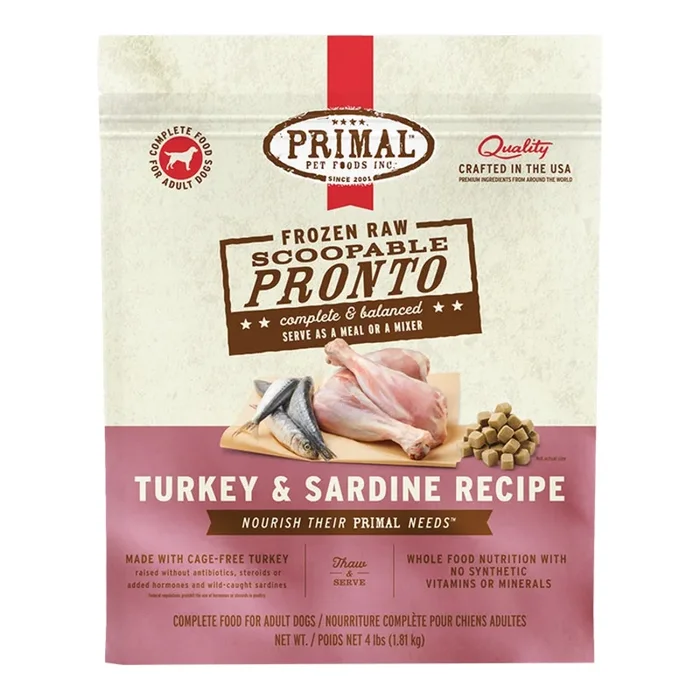 Primal Pronto Raw Frozen Turkey & Sardine Formula Dog Food (Size: 4-lb)