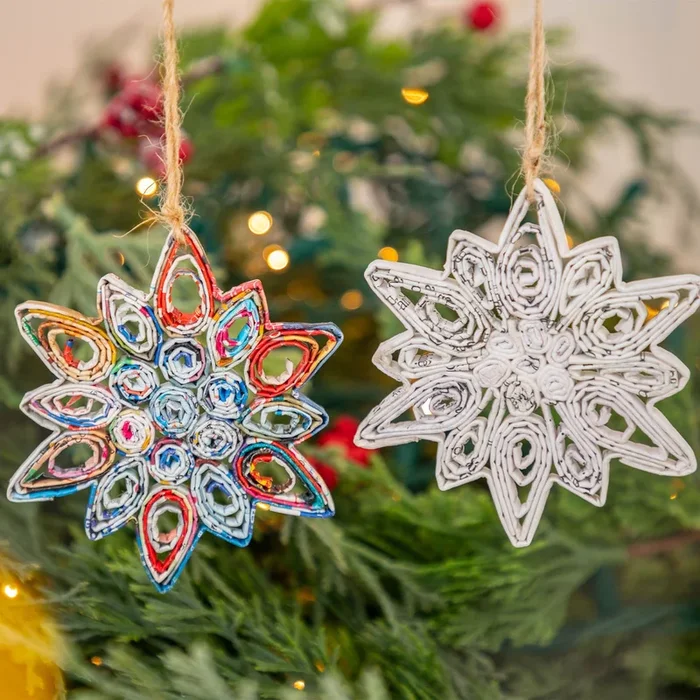 Recycled Magazine Snowflake Ornaments – Set of 2
