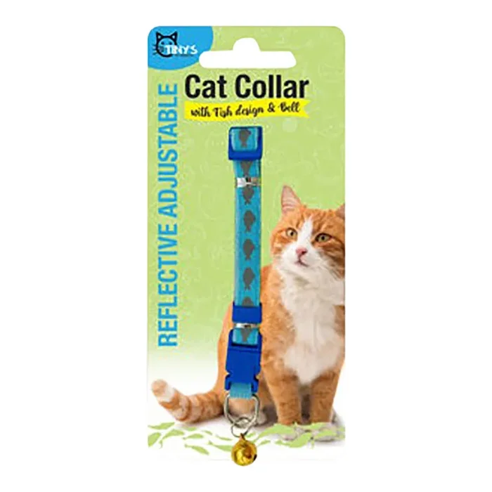 Reflective Adjustable Cat Collar with Fish Design and Bell, Assorted Colors, 7-11″L