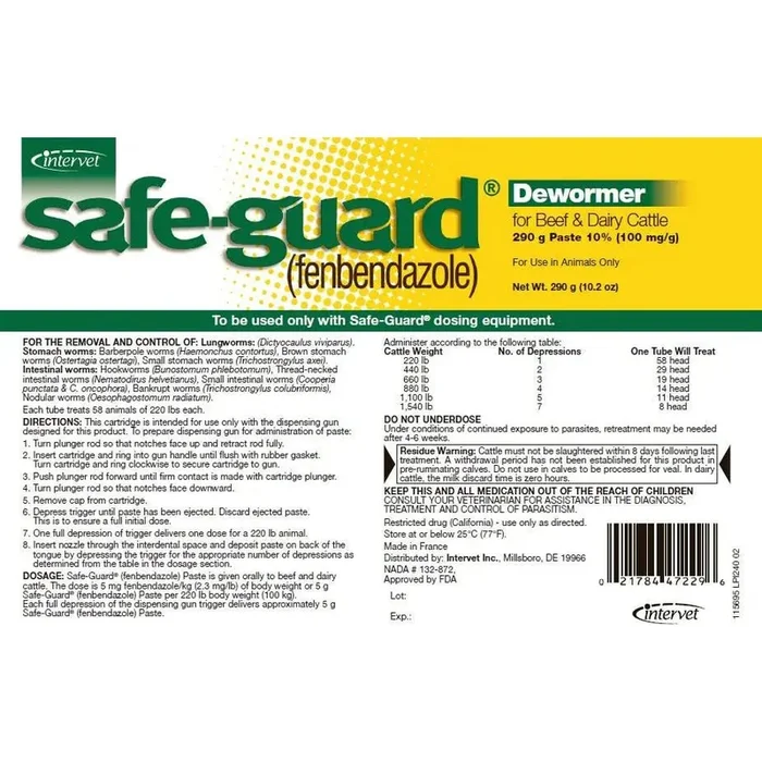 Safe-Guard 290 Gram Beef Dairy Cattle Wormer Paste Dewormer 1Tube