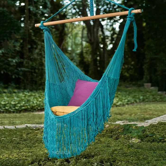 Sea Breezes in Teal Fringed Teal Cotton Rope Mayan Hammock Swing from Mexico