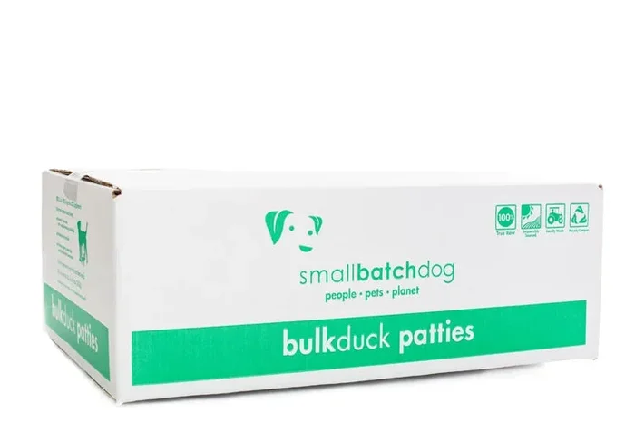smallbatch Frozen Raw Dog Food – Duck Patties – 18lb Box 8oz Patties