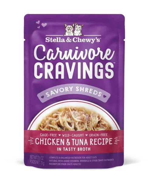 Stella & Chewy’s Carnivore Cravings Savory Shreds – Chicken & Tuna Recipe Dinner in Broth, 2.8-oz Pouch