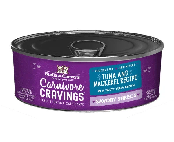 Stella & Chewy’s Carnivore Cravings Savory Shreds – Tuna & Mackerel Recipe Dinner in Broth, Wet Cat Food