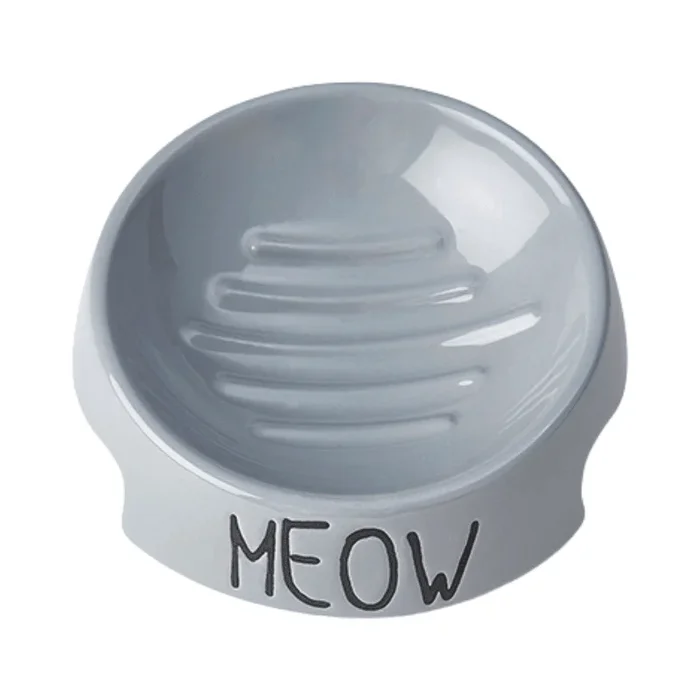 Stoneware Pet Bowl – “Meow” – Gray – 5″ Inverted Bowl, 6 oz (Dishwasher Safe)