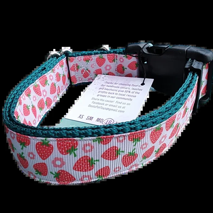 Strawberry Flowers Green Nylon Dog Collar MD, LG, XL, Leash