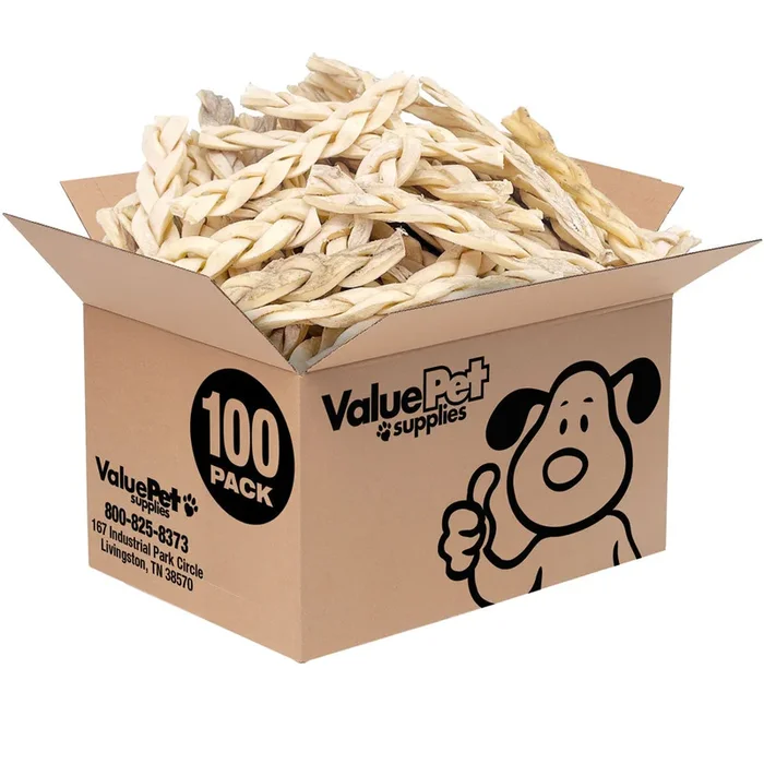 ValueBull Beef Cheek Braids, Long Lasting Dog Chews, 5-6 Inch, 100 Count Bulk Pack