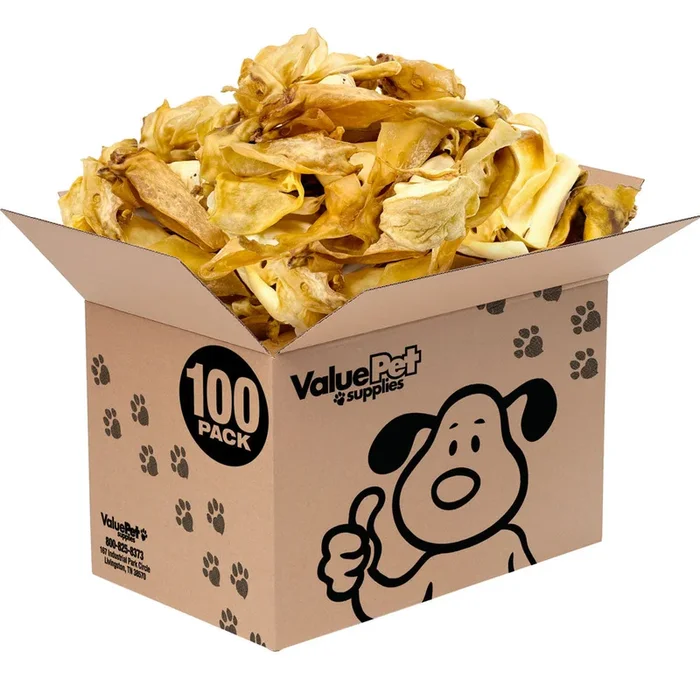 ValueBull Natural Brown Cow Ears, Crunchy Style, Varied Size, Shape & Color, 100 Count Bulk Pack