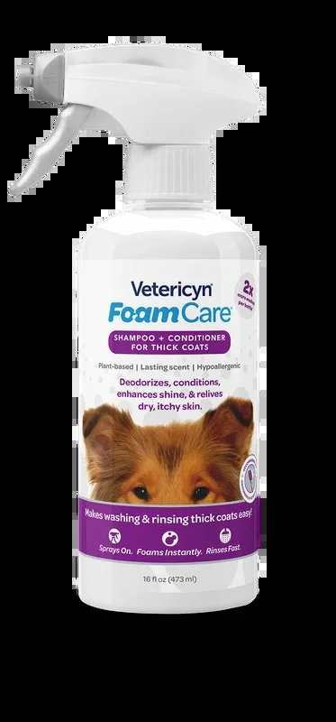 Vetericyn FoamCare Sprayable Thick Coat Shampoo + Conditioner for Dogs & Cats, 16-ounce