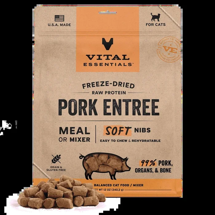 Vital Essentials Freeze-Dried Raw Protein Pork Soft Nibs Meal or Mixer Cat Food
