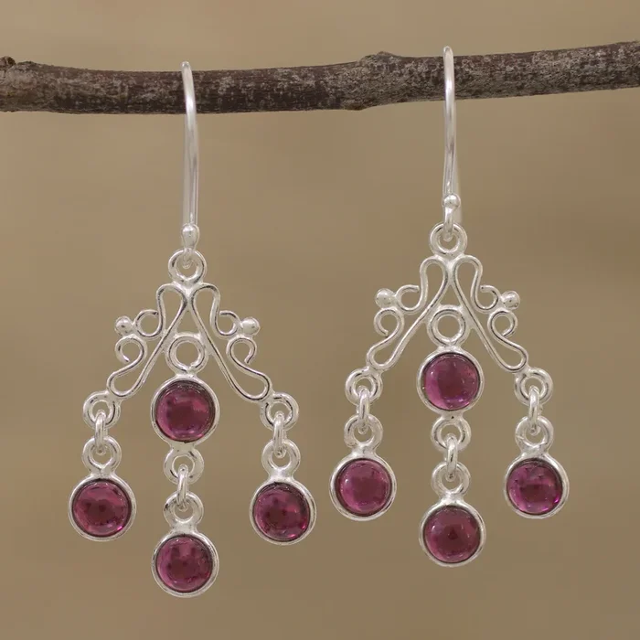 Wonderful Cascade Natural Garnet Chandelier Earrings from India
