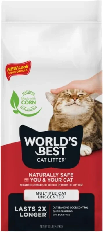 WORLD’S BEST CAT LITTER Multiple Cat Unscented, 32-Pounds – Natural Ingredients, Quick Clumping, Flushable, 99% Dust Free & Made in USA – Long-Lasting Odor Control & Easy Scooping