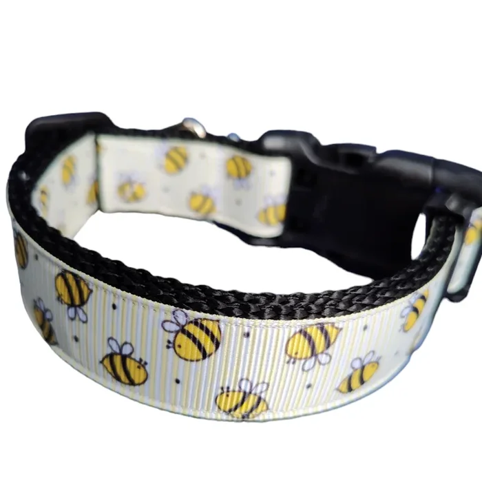 Yellow Bees Black Nylon Dog Collar MD, LG, XL, Leash