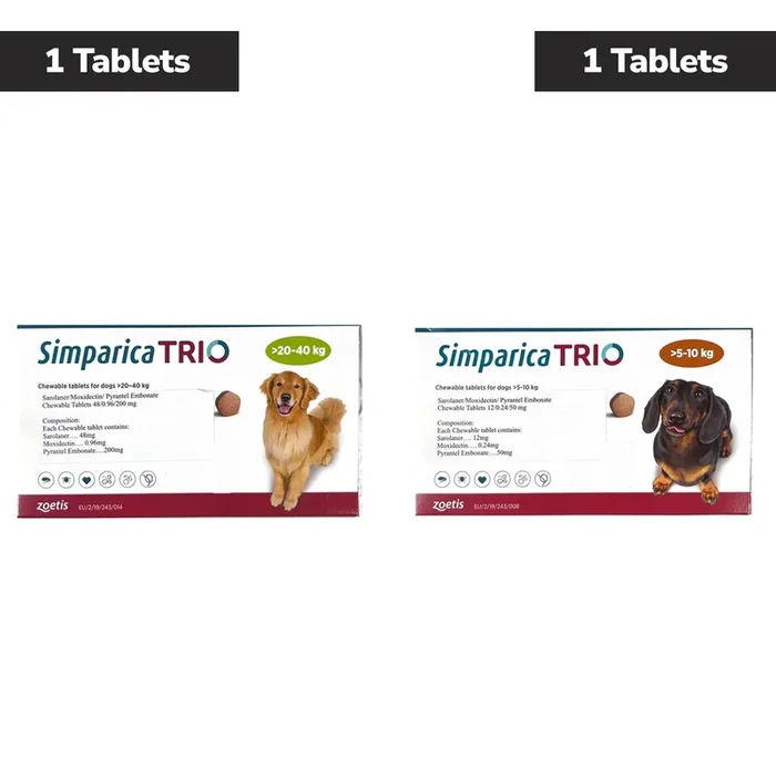 Zoetis Simparica Trio (Sarolaner) Tick & Flea Control Tablet for Dogs 5 to 10 kg (1 Tablet) and 20 to 40 kg (1 Tablet) Combo